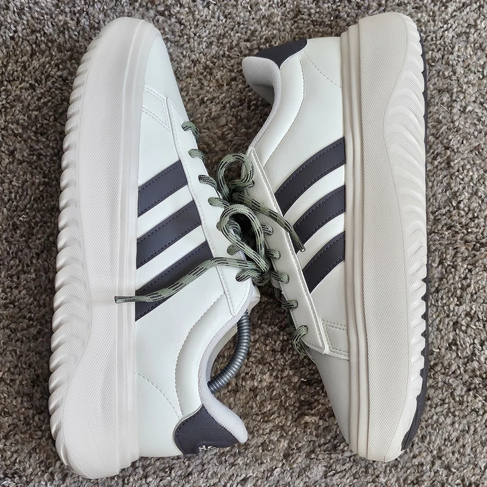 adidas Women's Cream Sneakers with Gray Stripes and Olive Laces